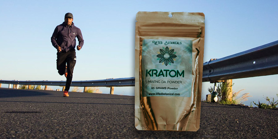 man running during daytime and a kratom powder package beside him