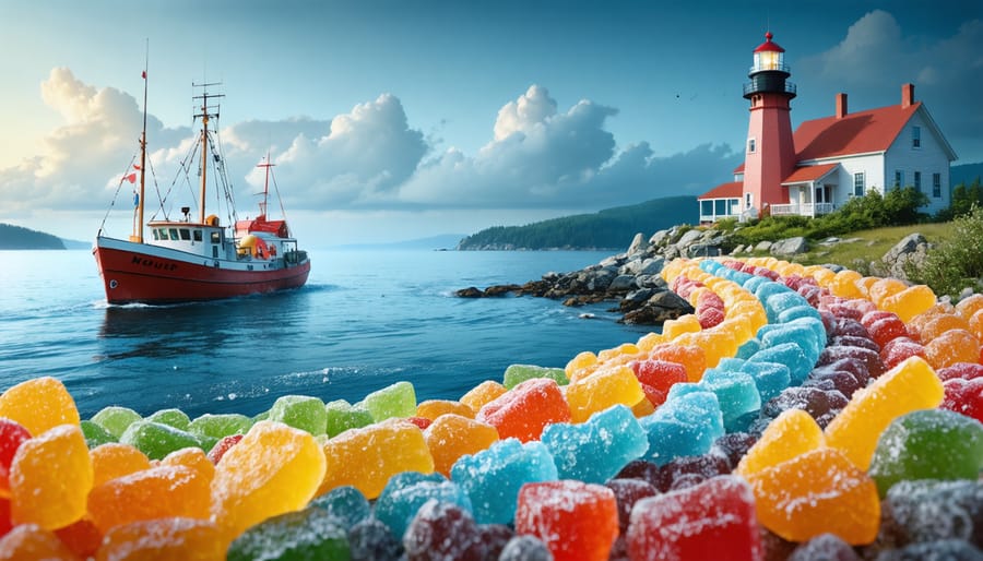 A conceptual illustration showcasing Nova Scotia's coastline intertwined with vibrant streams of freeze-dried candies, reflecting the integration of local culture and innovative confectionery business opportunities.