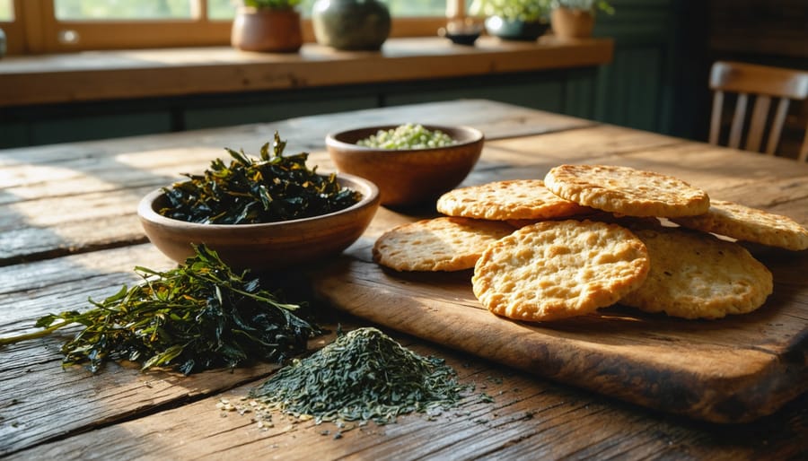 A traditional Nova Scotian kitchen table displaying rustic oatcakes, dried dulse, and seaweed snacks, depicting the region's cultural snack heritage.