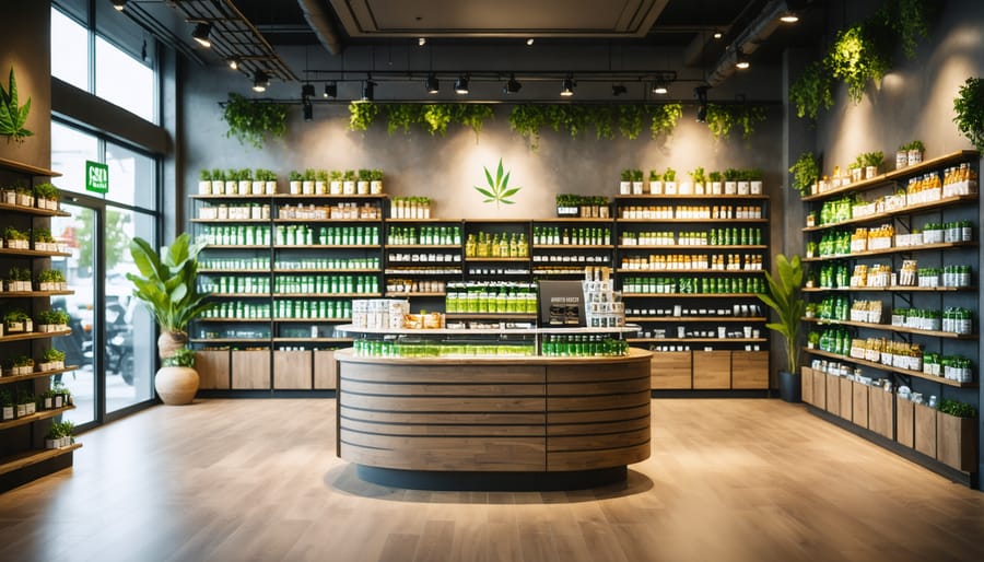 Modern CBD oil retail display with various products and educational materials