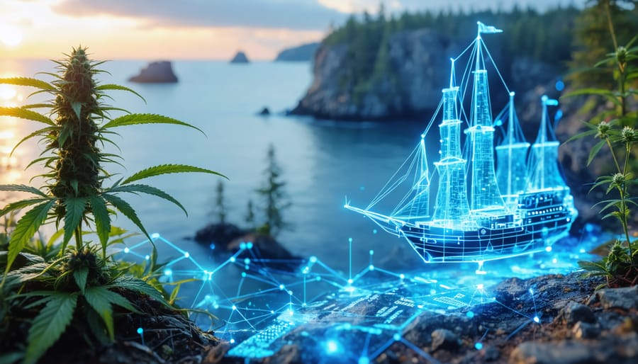 Conceptual depiction of Nova Scotia's CBD oil market transformation with cannabis plants, regulatory documents, digital network symbols, overlaid on coastal map.