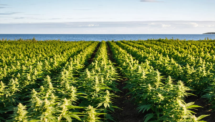 Aerial view of industrial hemp cultivation in Nova Scotia's agricultural region