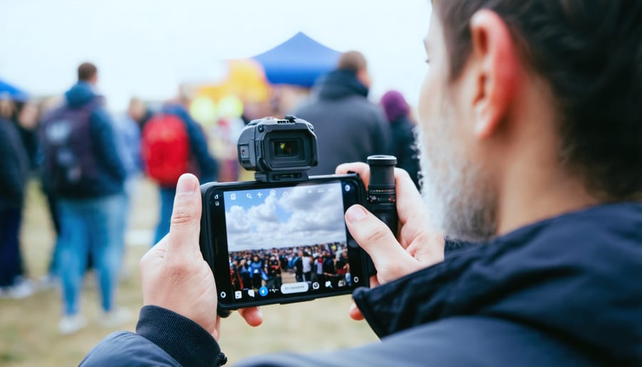 Local reporter using smartphone and digital equipment to cover community event in Nova Scotia