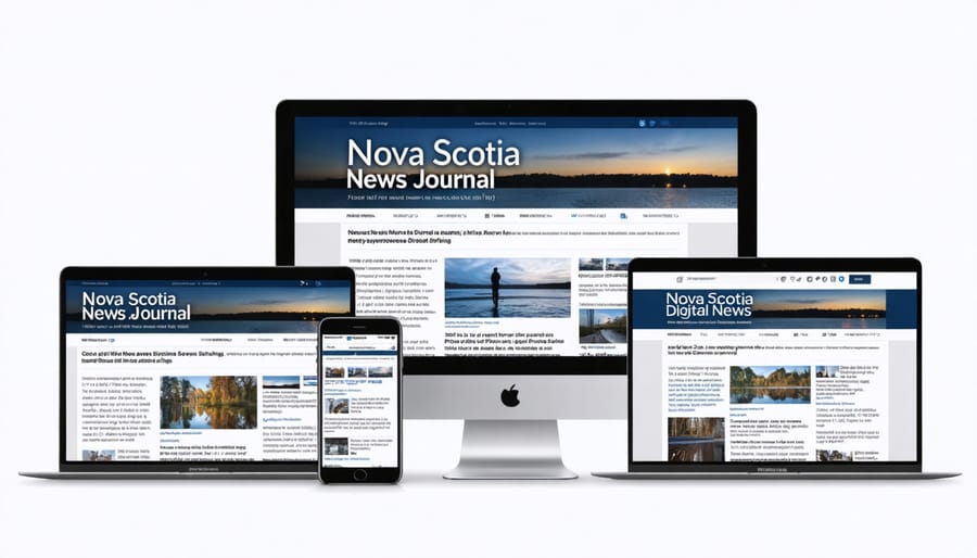 News website displayed across laptop, tablet, and smartphone showing responsive layout