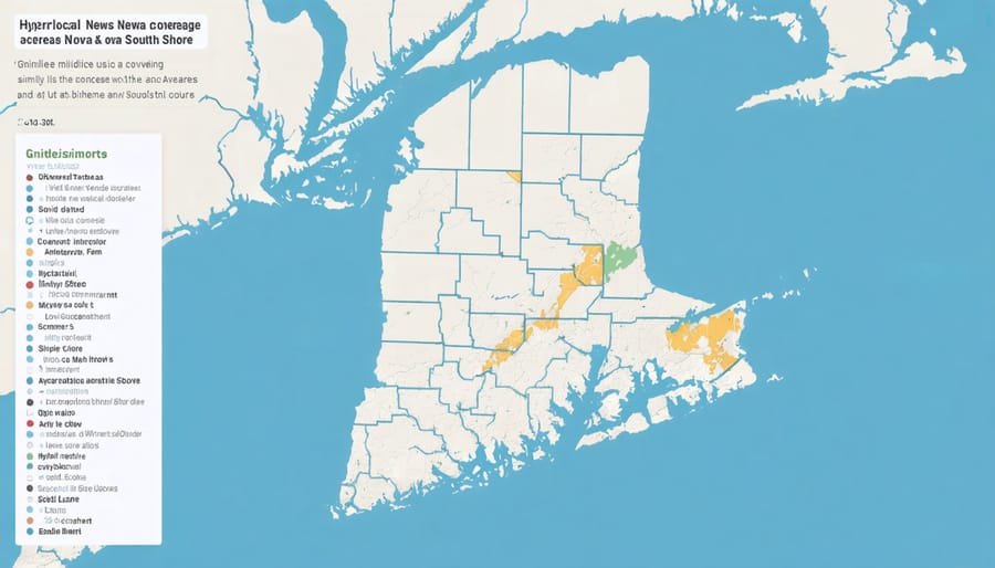 Digital map interface highlighting local news coverage zones in South Shore region