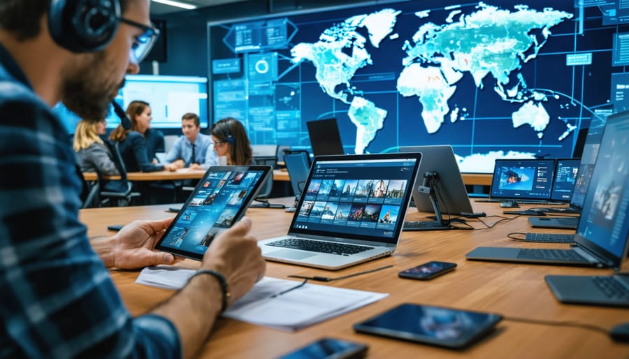 A digital newsroom set in South Shore, Nova Scotia, with journalists using various devices for reporting. Digital map showing live news updates in the background, representing the transformation of local journalism through digital innovation.