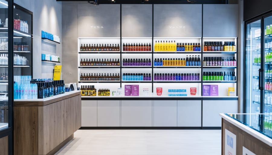 Modern vape shop interior with regulatory compliance signage and product displays in Nova Scotia