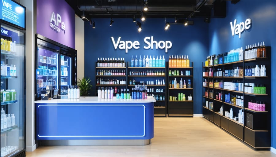 Interior of a modern vape shop in Nova Scotia displaying regulated vaping products and compliance signage, illustrating adherence to provincial regulations.
