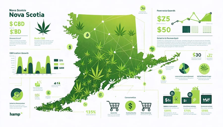 A conceptual image illustrating the economic impact of the CBD industry in Nova Scotia, featuring a map of the province with highlighted CBD locations and growth metrics like job creation and revenue figures, alongside symbols representing the CBD market.