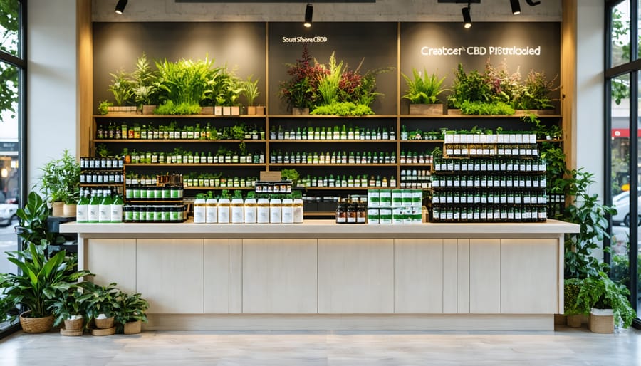 Nova Scotia CBD shop owner standing in their retail store with product displays