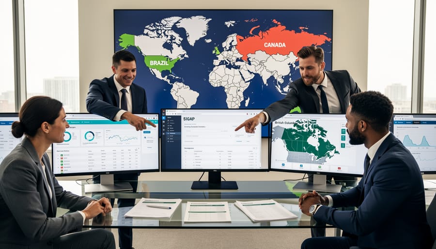 Business desk setup showing Brazilian and Canadian flags with laptop displaying betting interface