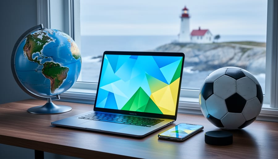 Laptop and smartphone glowing on a desk beside an unlabeled globe, a soccer ball, and a hockey puck, with a blurred Nova Scotia lighthouse coastline outside the window.