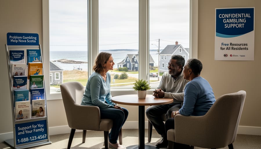 Person holding smartphone with problem gambling support helpline information