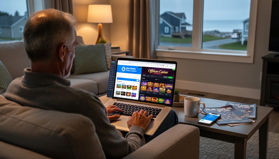 Laptop showing online gambling website with Nova Scotia flag in background