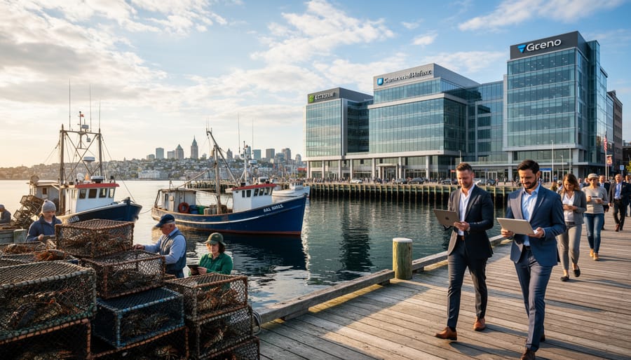 Halifax waterfront showing fishing boats and modern city skyline representing economic diversity