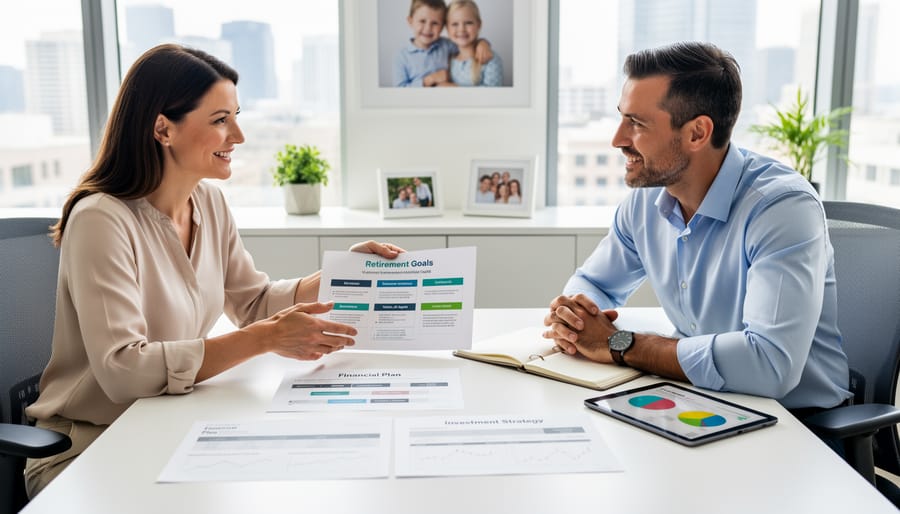 Financial advisor and client having collaborative planning discussion at office desk