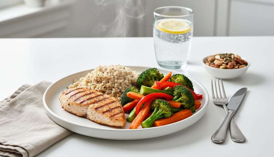 Balanced meal on a kitchen table with vegetables, lean protein, and whole grains