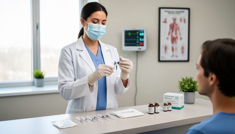 Clinician holding a pen-style injection device in a diabetes and obesity care clinic room