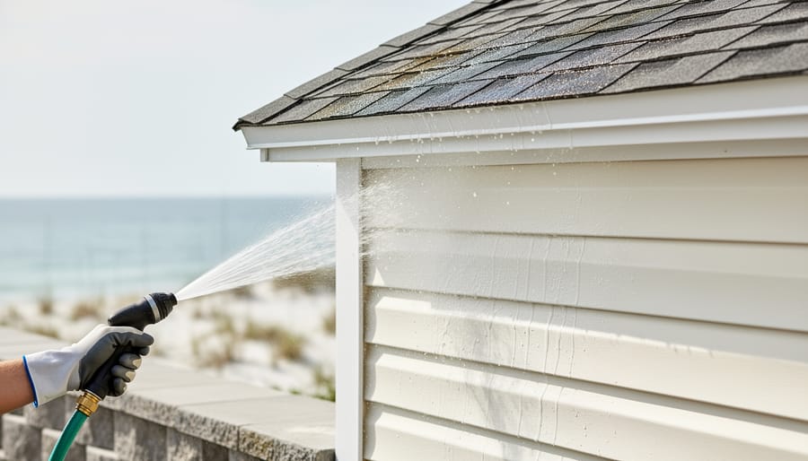 A gloved hand rinsing salt residue from a coastal Florida home’s siding near the roofline, with a blurred ocean background.