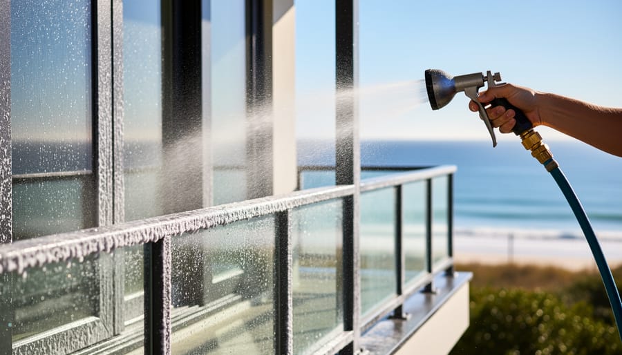 Salt-encrusted window frames and coastal railing being rinsed with fresh water near a Florida home