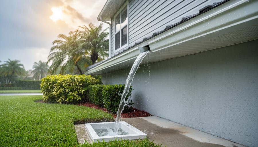 Close-up of a technician clearing debris from rusted gutters and downspouts on a coastal home