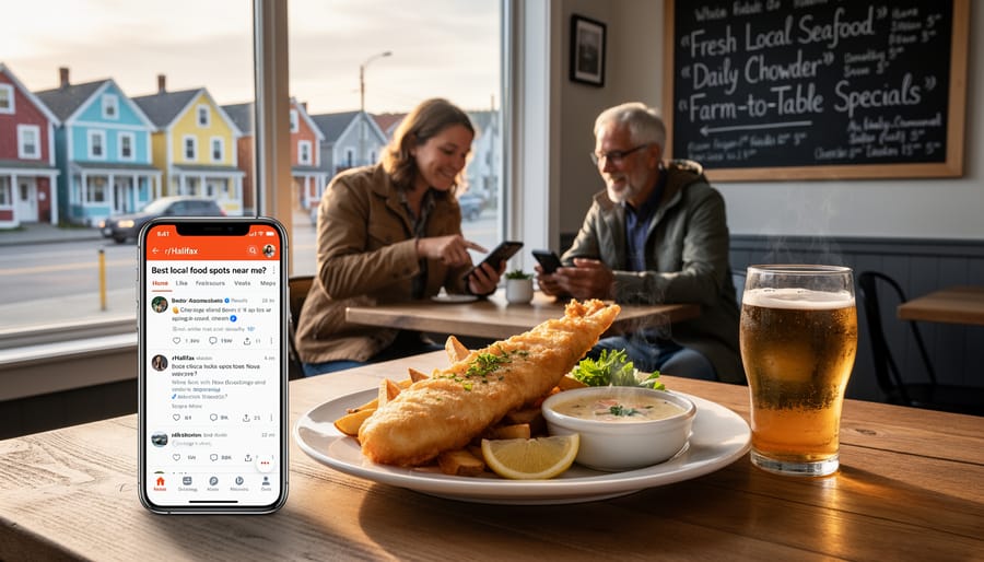 Dining table setting with seafood, newspapers, and a smartphone in a softly lit restaurant