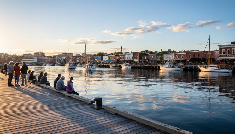 Person holding a phone near the water at Halifax harbor during blue hour with sailboats in the distance