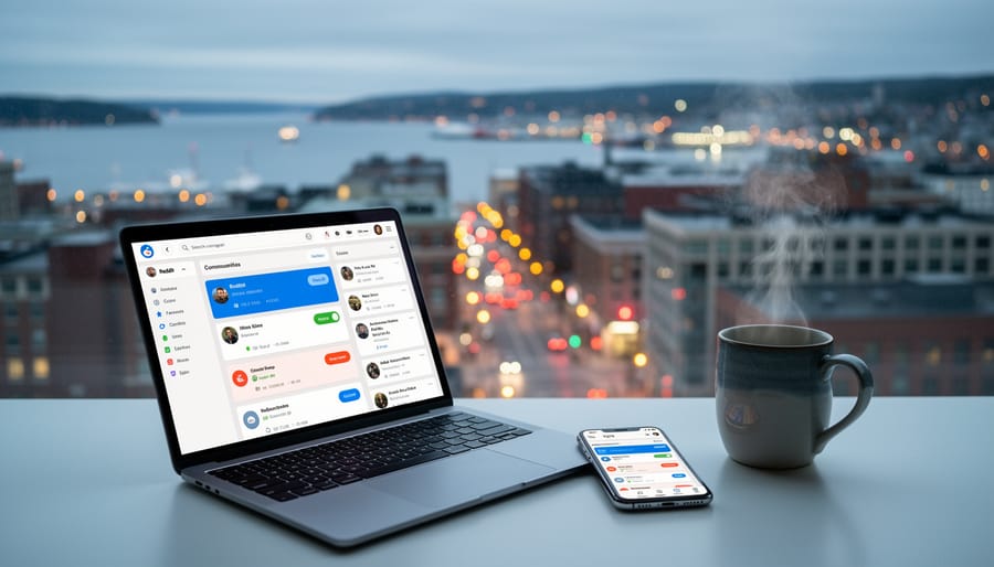 Laptop and smartphone on a desk with blurred Halifax Harbour lights in the background, suggesting local online community browsing in Nova Scotia.