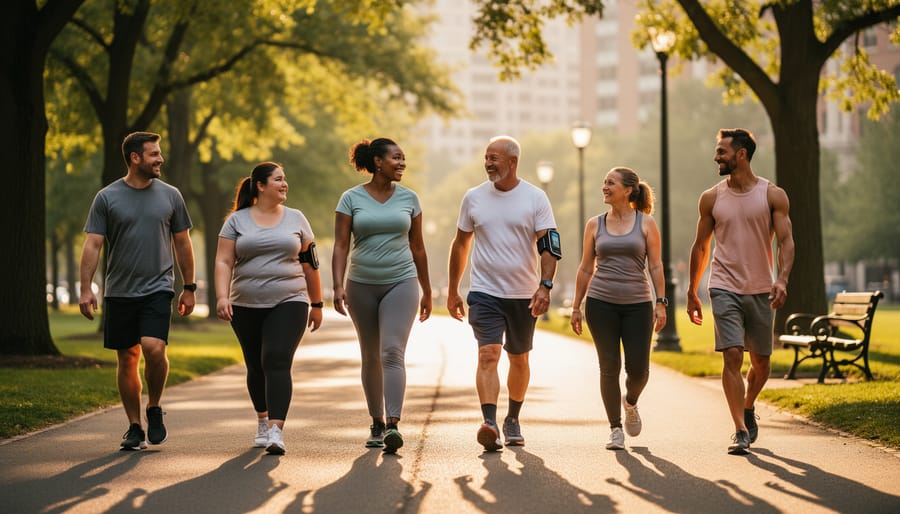 Person walking outdoors in a park during golden hour sunlight
