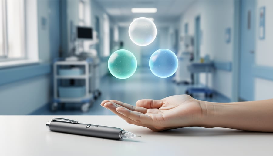 Injectable medicine pen on a clinical counter with three subtle glowing light orbs representing a triple-agonist mechanism in the background.