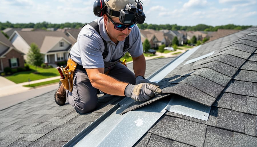 Roof inspection of shingles and flashing on a coastal Florida home with a safety harness